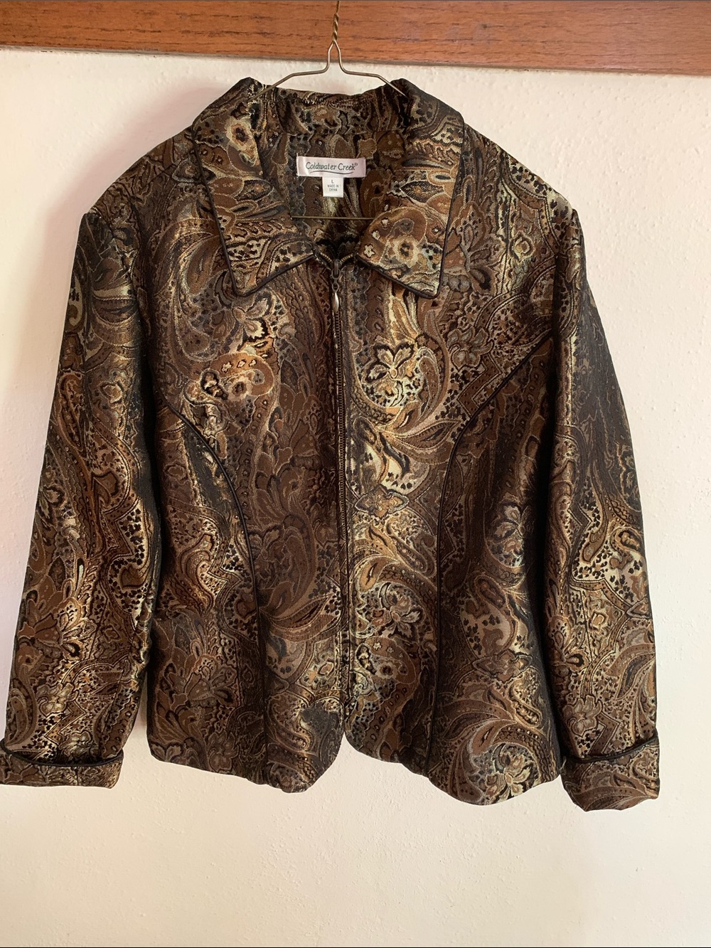 Coldwater Creek Paisley Bronze/Brown Zip-Front Jacket with Brown Piping Sz Lo